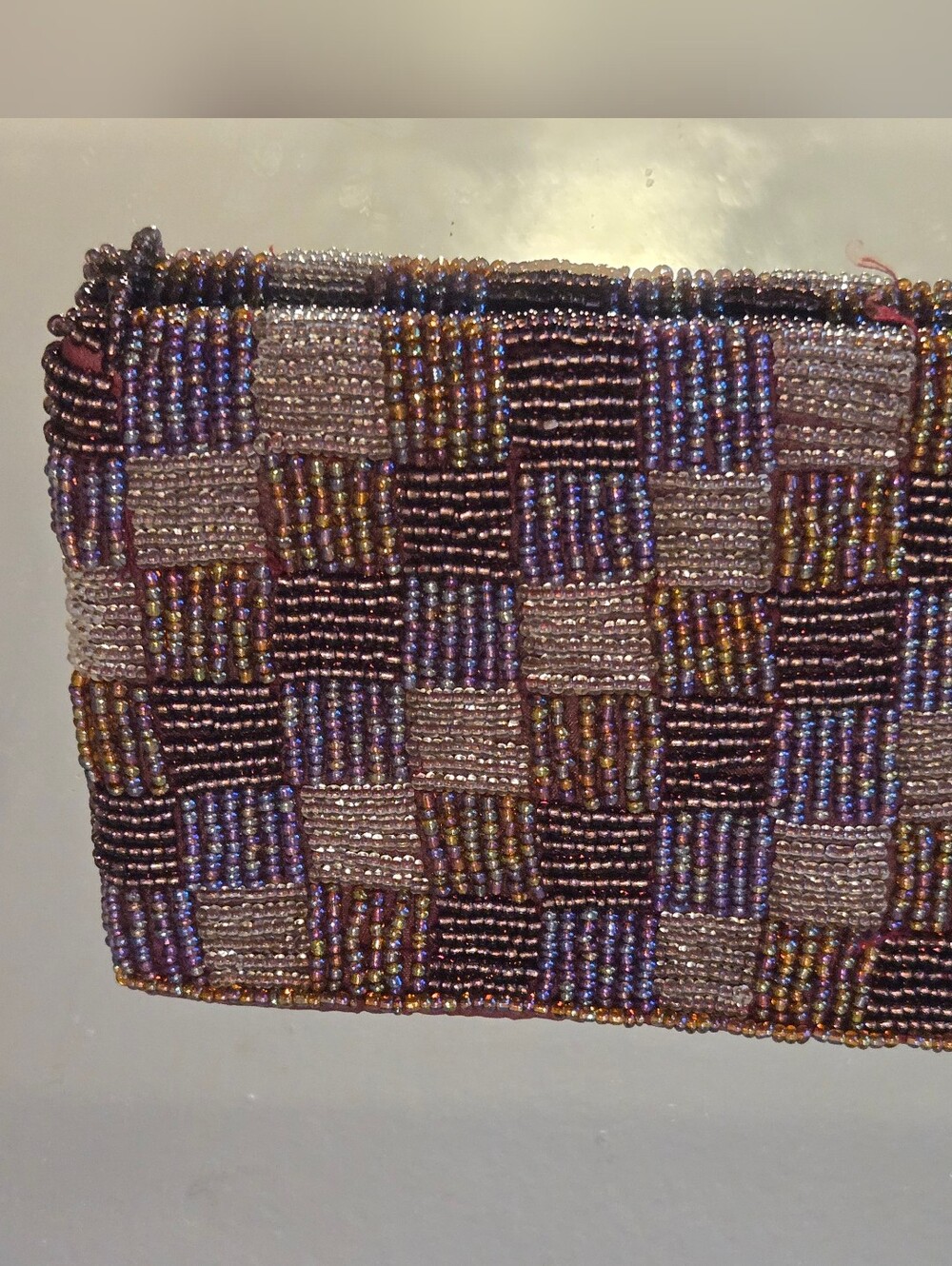 Vintage Glass Seed Bead Zippered Pouch Burgundy Wine Checkerboard Coin Purse